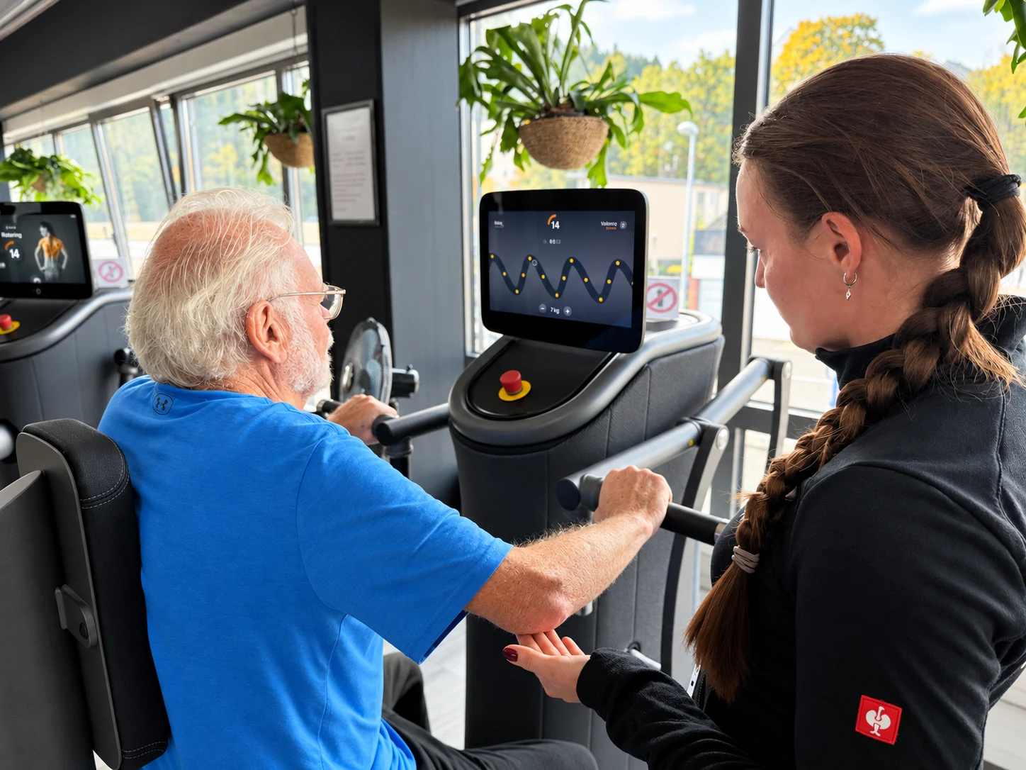Trainerin begleitet einen älteren Trainierenden am EGYM-Kraftgerät im Gesundheitsstudio Wolff
